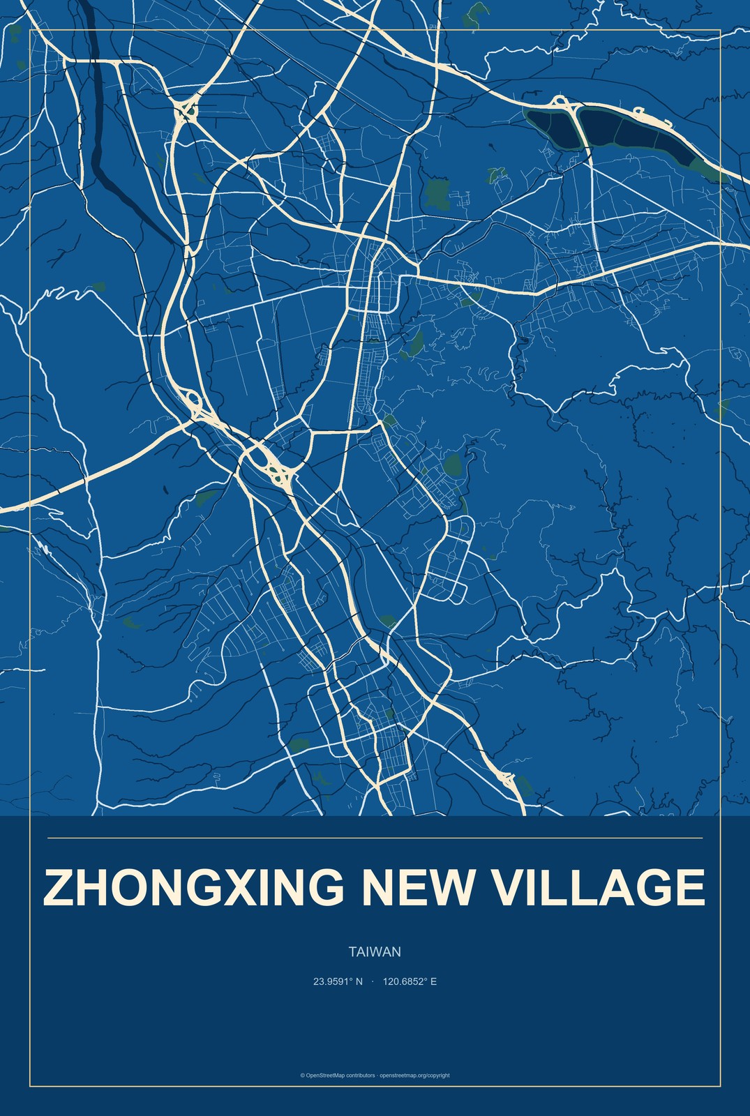 Zhongxing New Village, Taiwan City Map Aluminum Sign in Harbor Cobalt style