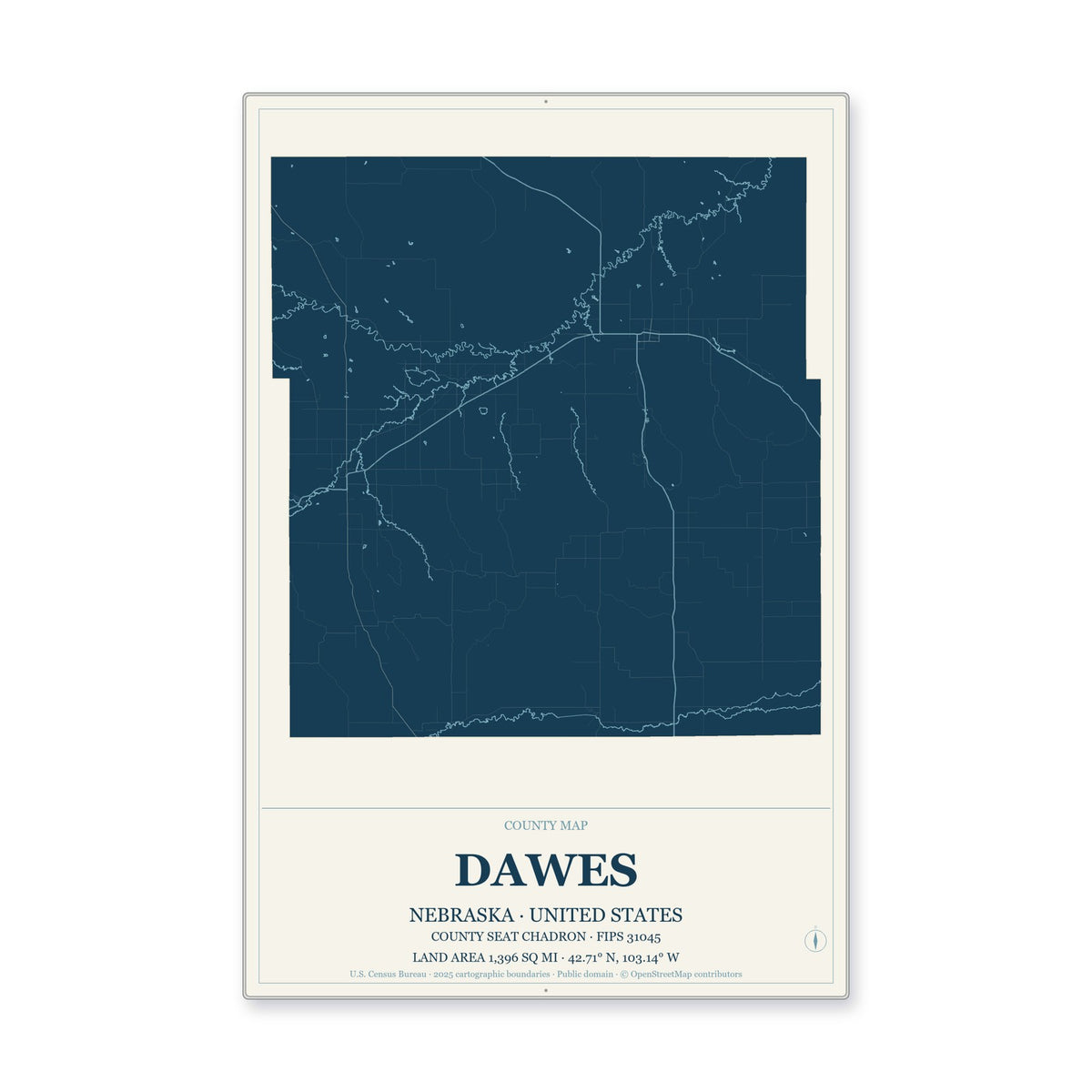 Dawes County, Nebraska Map Aluminum Sign in Coastal Cutout style