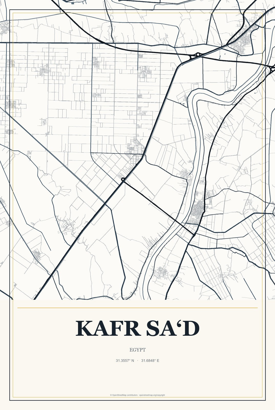 Kafr Sa‘d, Egypt City Map Aluminum Sign in Citrine Modern style