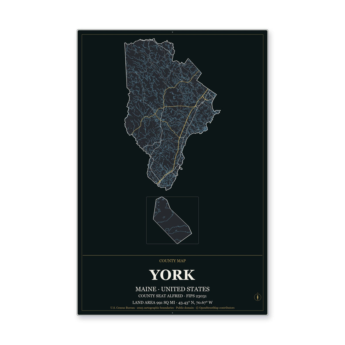 York County, Maine Map Aluminum Sign in Metropolitan Noir style