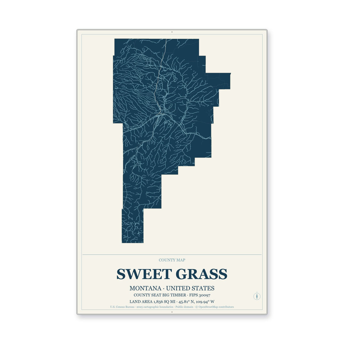 Sweet Grass County, Montana Map Aluminum Sign in Coastal Cutout style