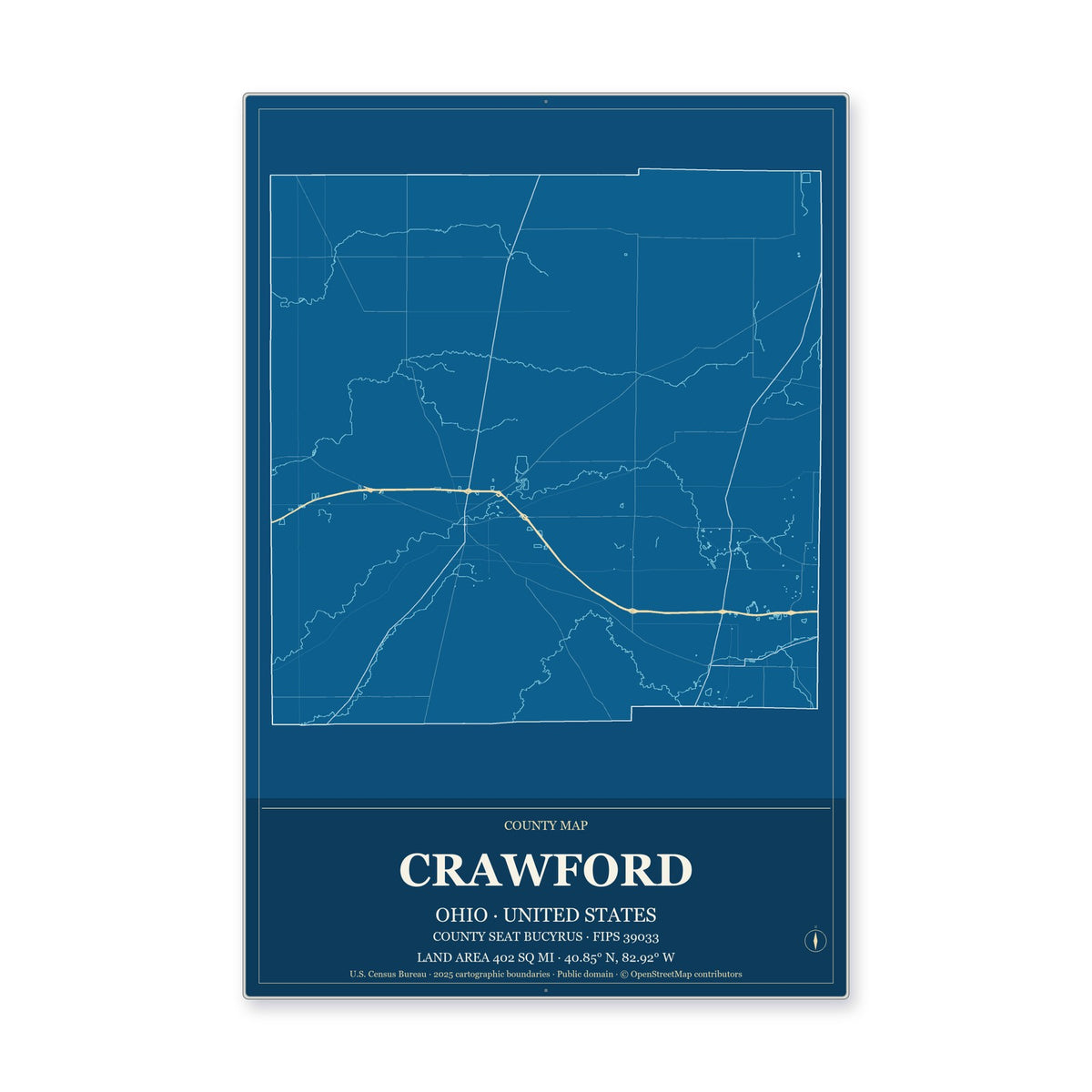 Crawford County, Ohio Map Aluminum Sign in Harbor Cobalt style