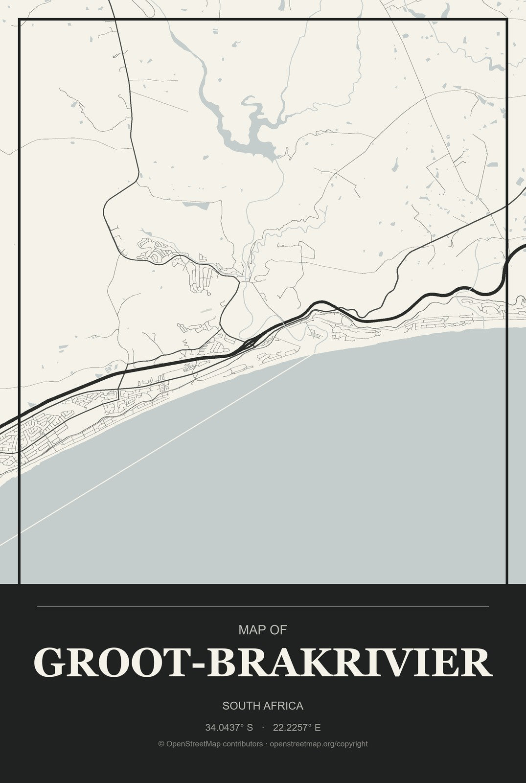 Groot-Brakrivier, South Africa City Map Aluminum Sign in Museum Plaque style
