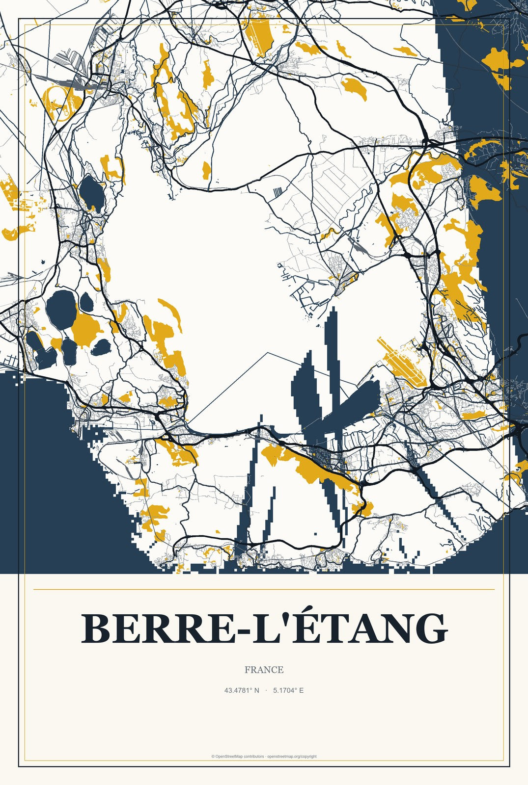 Berre-l'Étang, France City Map Aluminum Sign in Citrine Modern style
