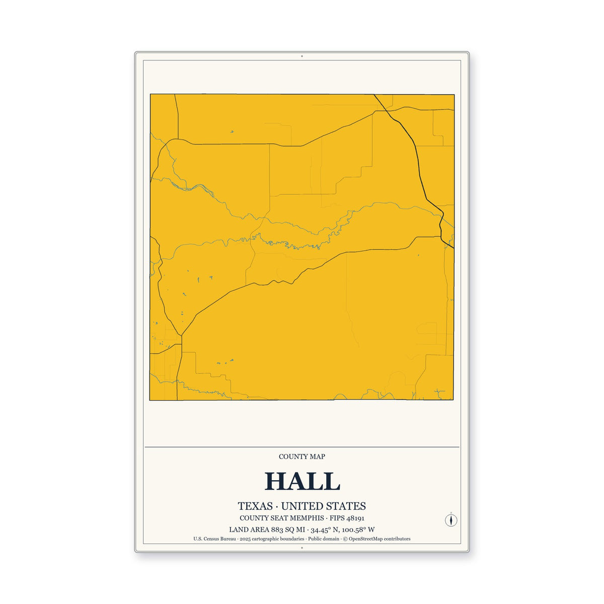 Hall County, Texas Map Aluminum Sign in Citrine Modern style