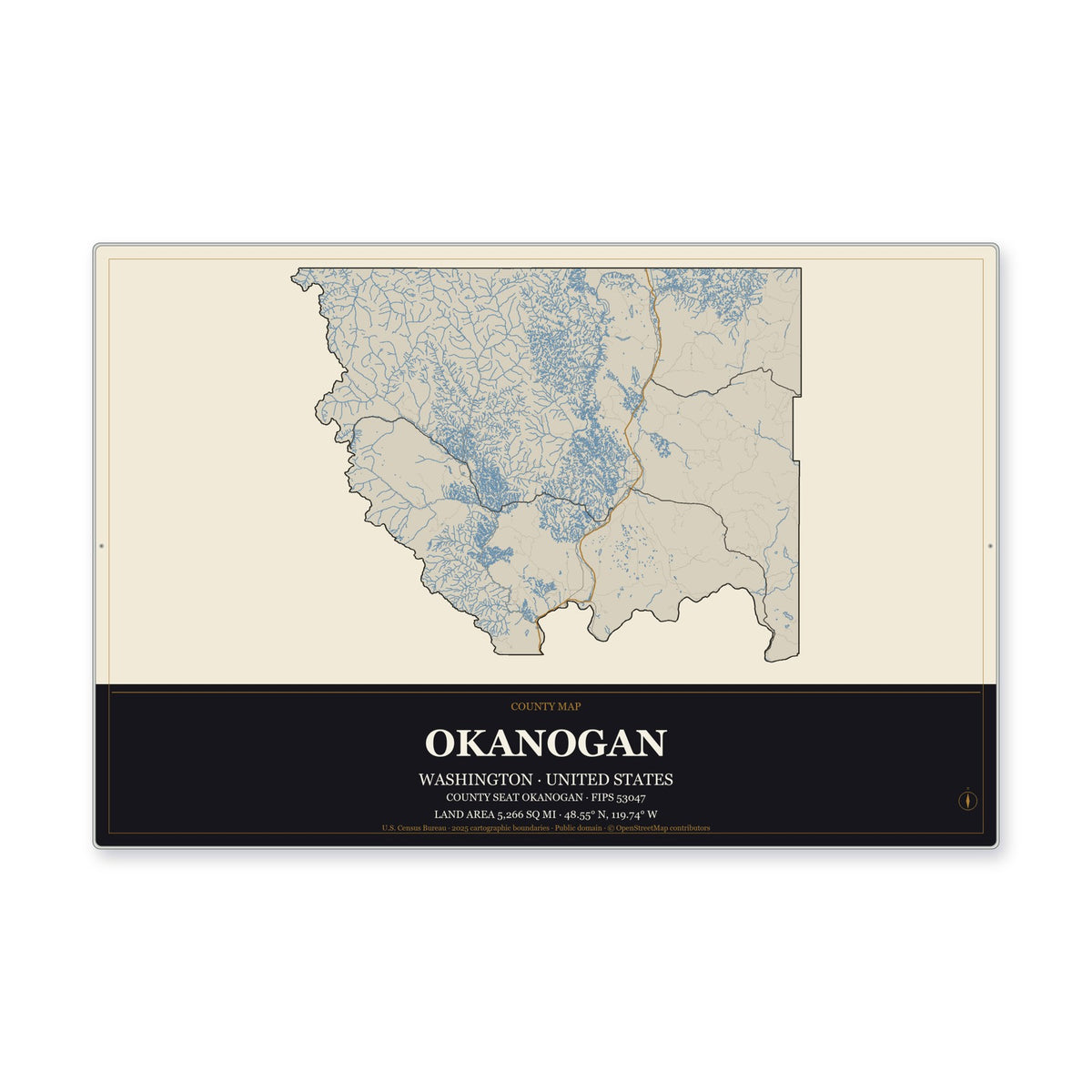 Okanogan County, Washington Map Aluminum Sign in Museum Plaque style