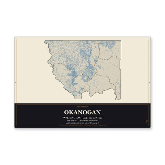 Okanogan County, Washington Map Aluminum Sign in Museum Plaque style
