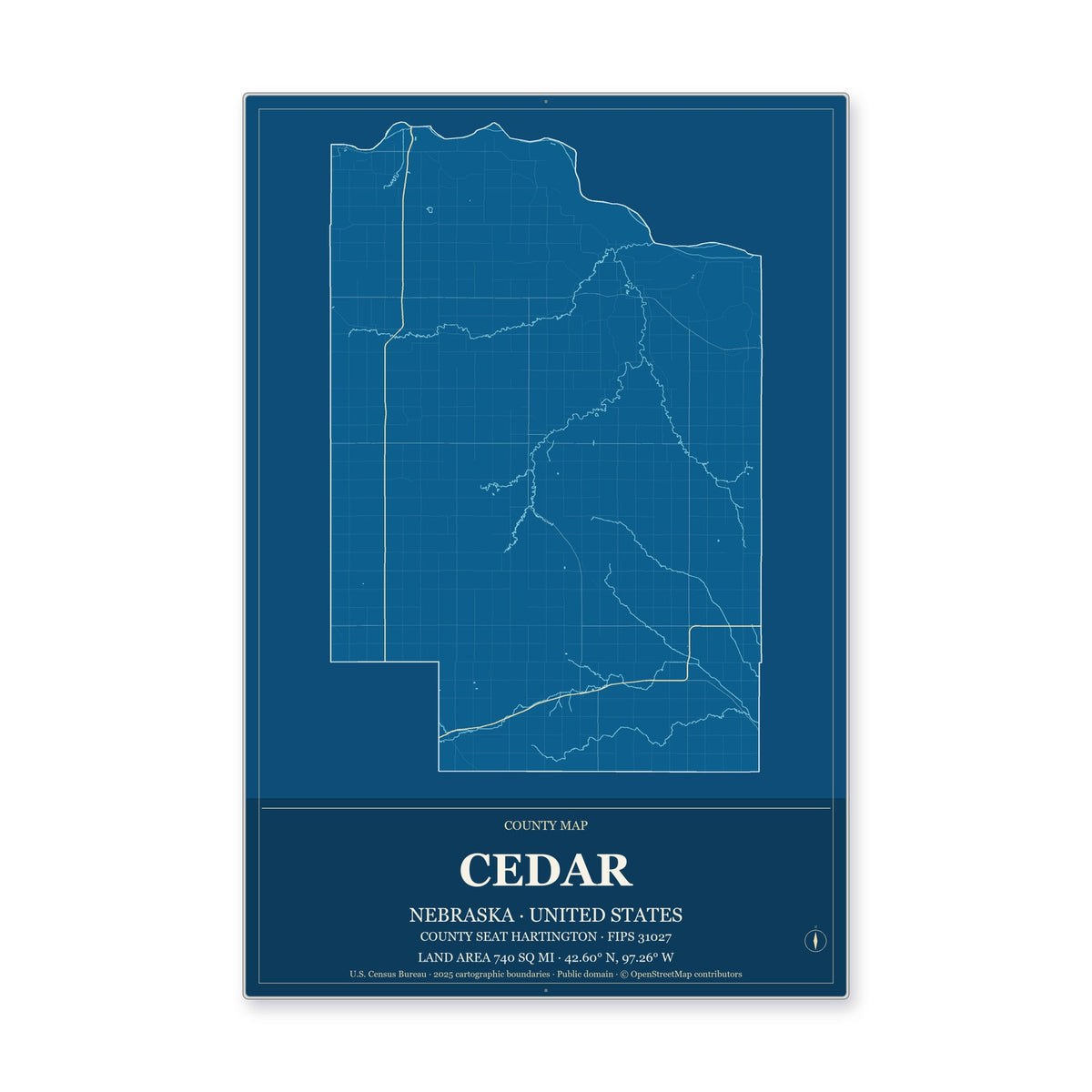 Cedar County, Nebraska Map Aluminum Sign in Harbor Cobalt style