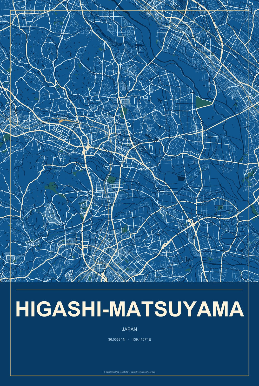 Higashi-Matsuyama, Japan City Map Aluminum Sign in Harbor Cobalt style