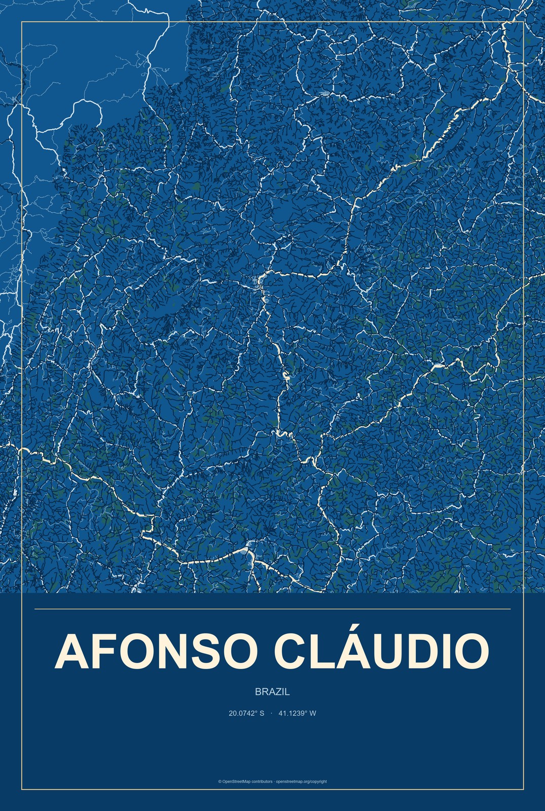 Afonso Cláudio, Brazil City Map Aluminum Sign in Harbor Cobalt style