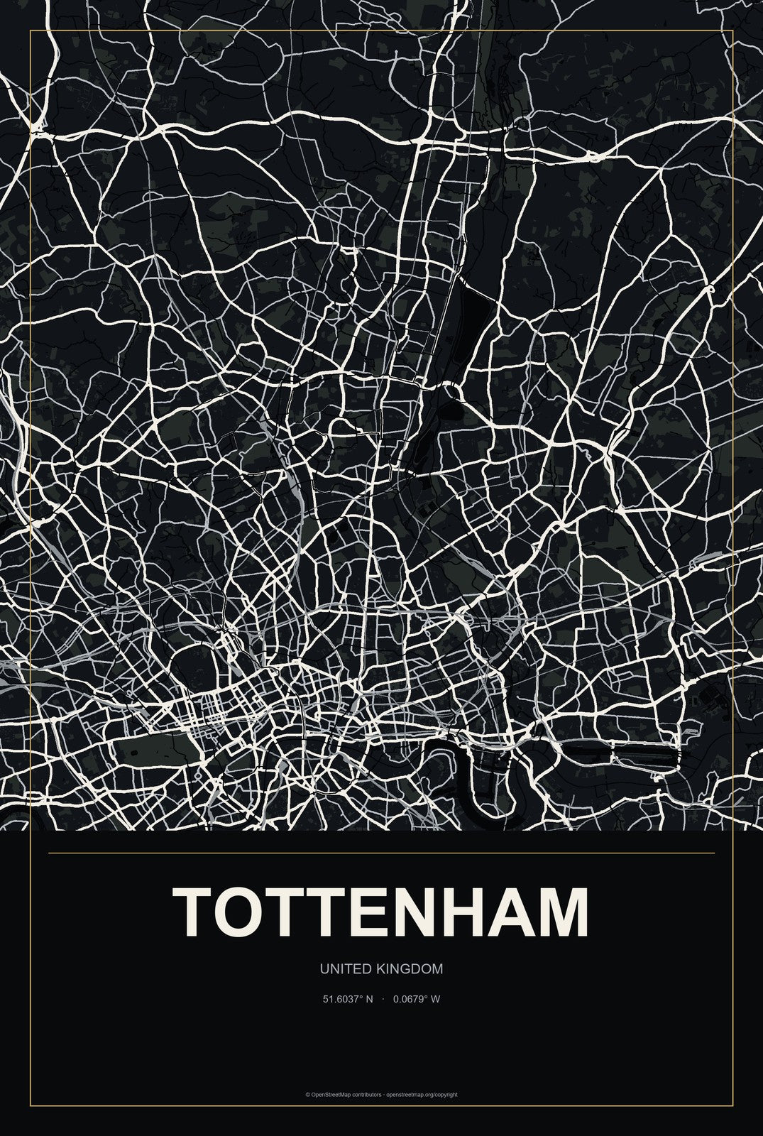 Tottenham, United Kingdom City Map Aluminum Sign in Metropolitan Noir style