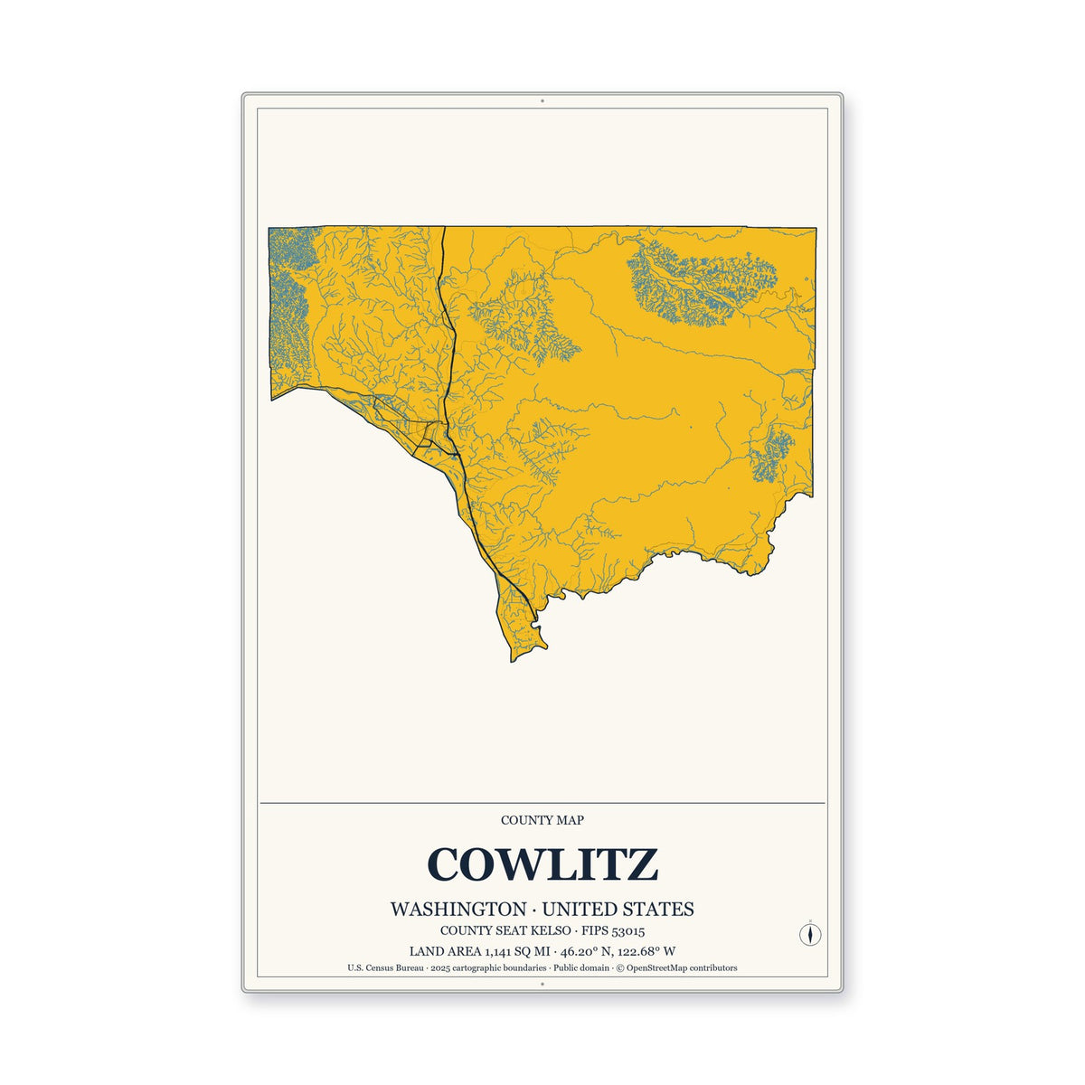 Cowlitz County, Washington Map Aluminum Sign in Citrine Modern style