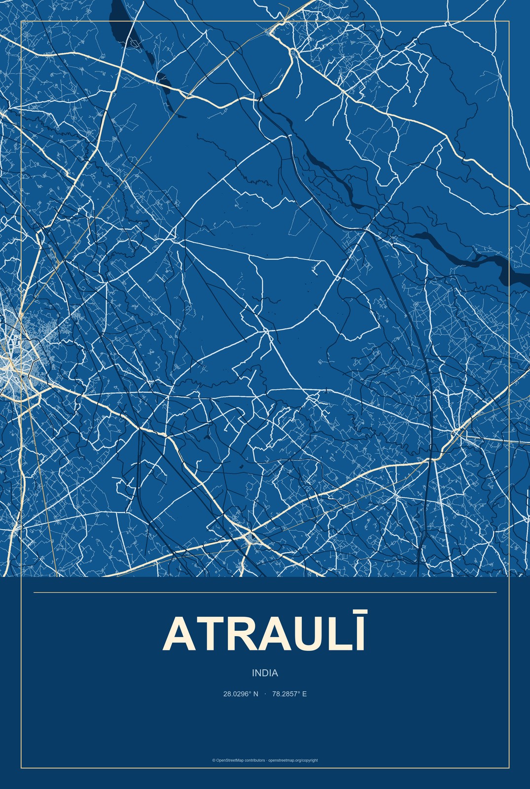 Atraulī, India City Map Aluminum Sign in Harbor Cobalt style
