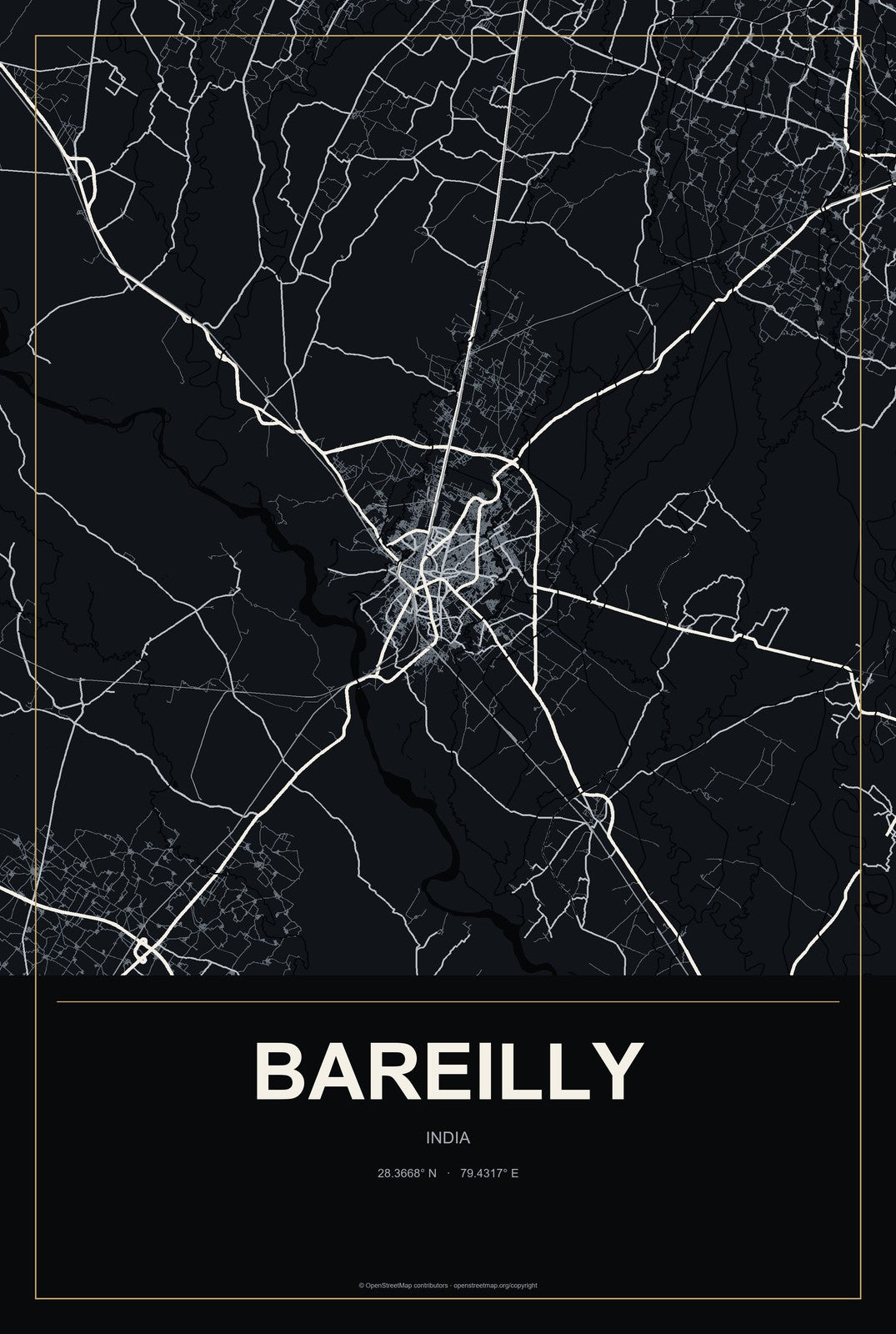Bareilly, India City Map Aluminum Sign in Metropolitan Noir style