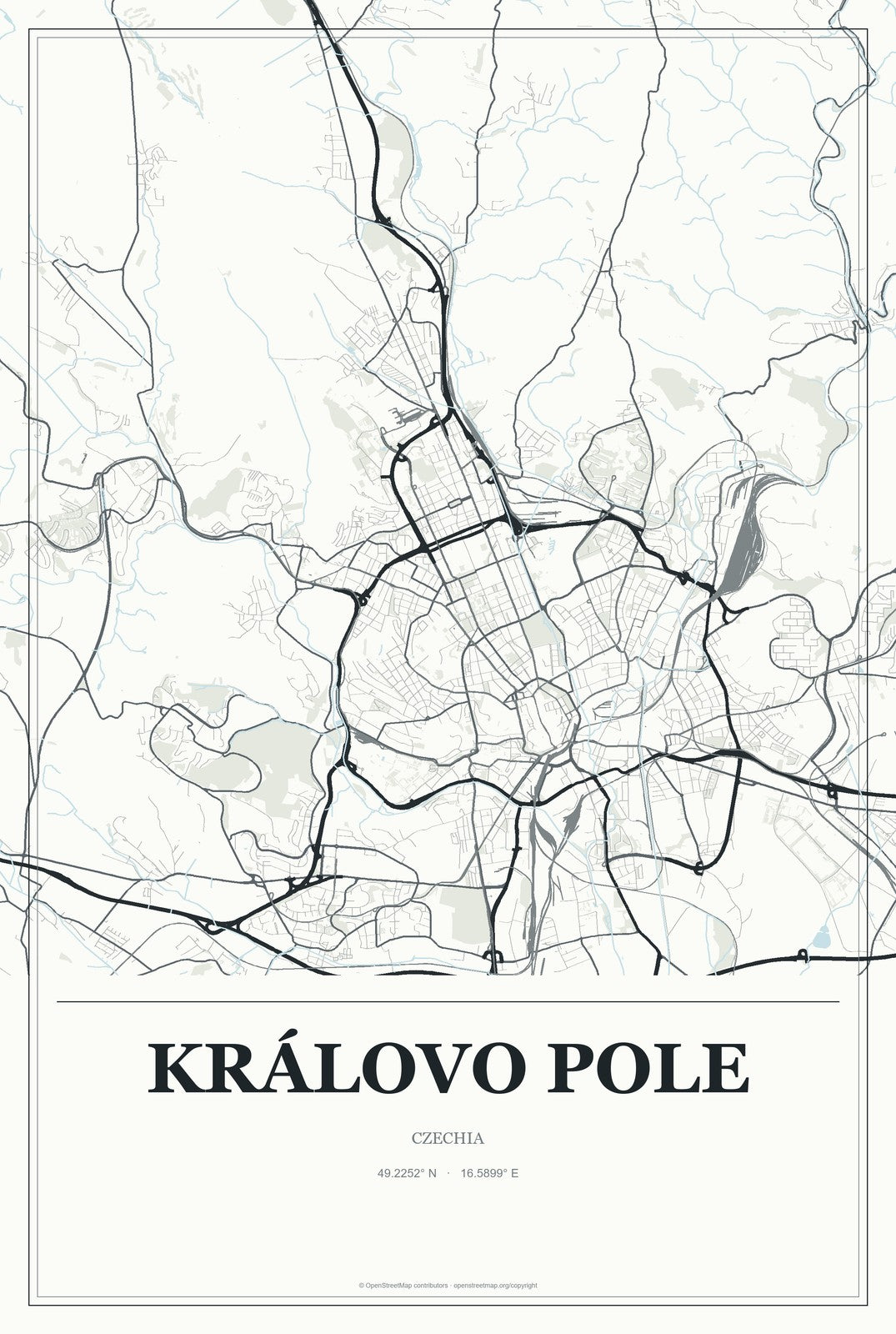 Královo Pole, Czechia City Map Aluminum Sign in Gallery Air style