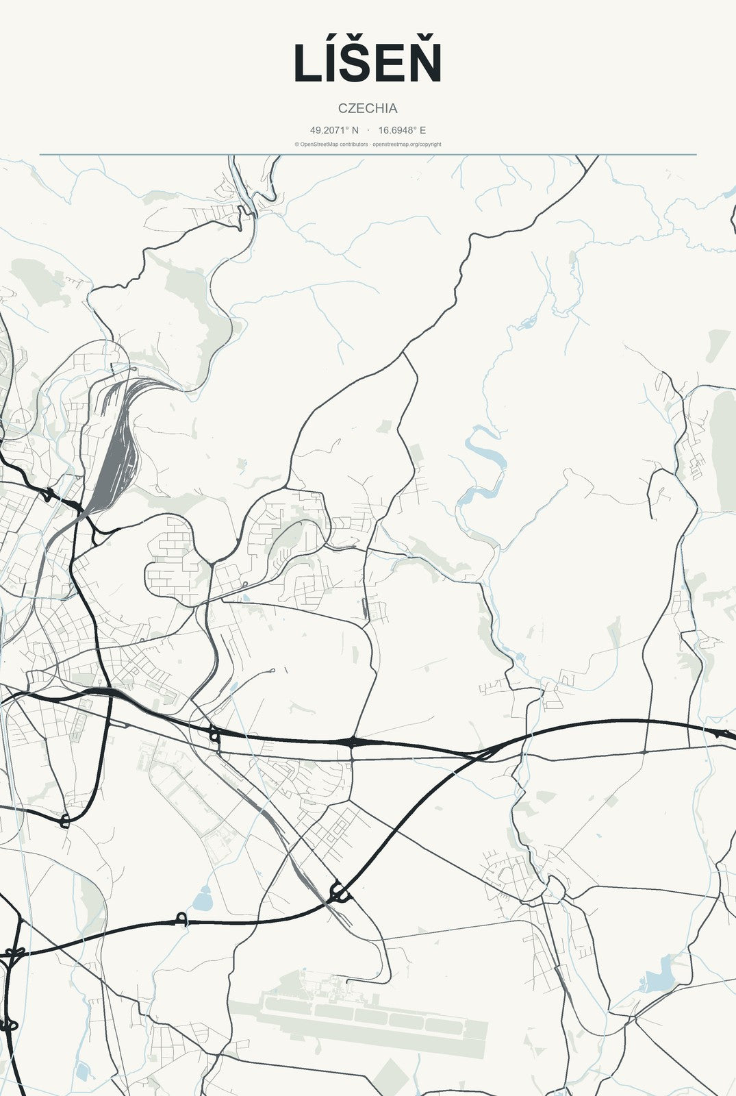 Líšeň, Czechia City Map Aluminum Sign in Headline Atlas style