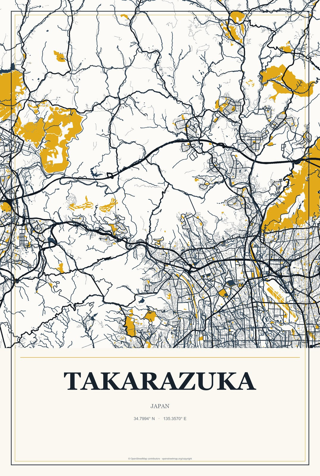 Takarazuka, Japan City Map Aluminum Sign in Citrine Modern style