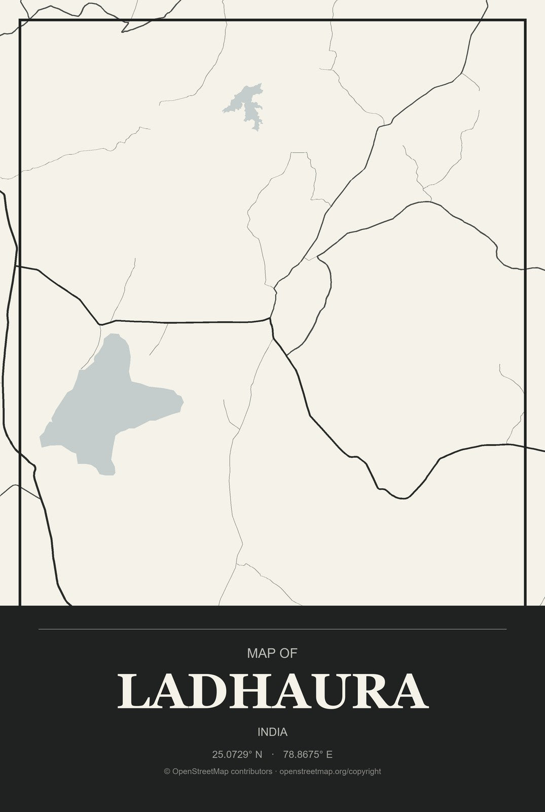 Ladhaura, India City Map Aluminum Sign in Museum Plaque style