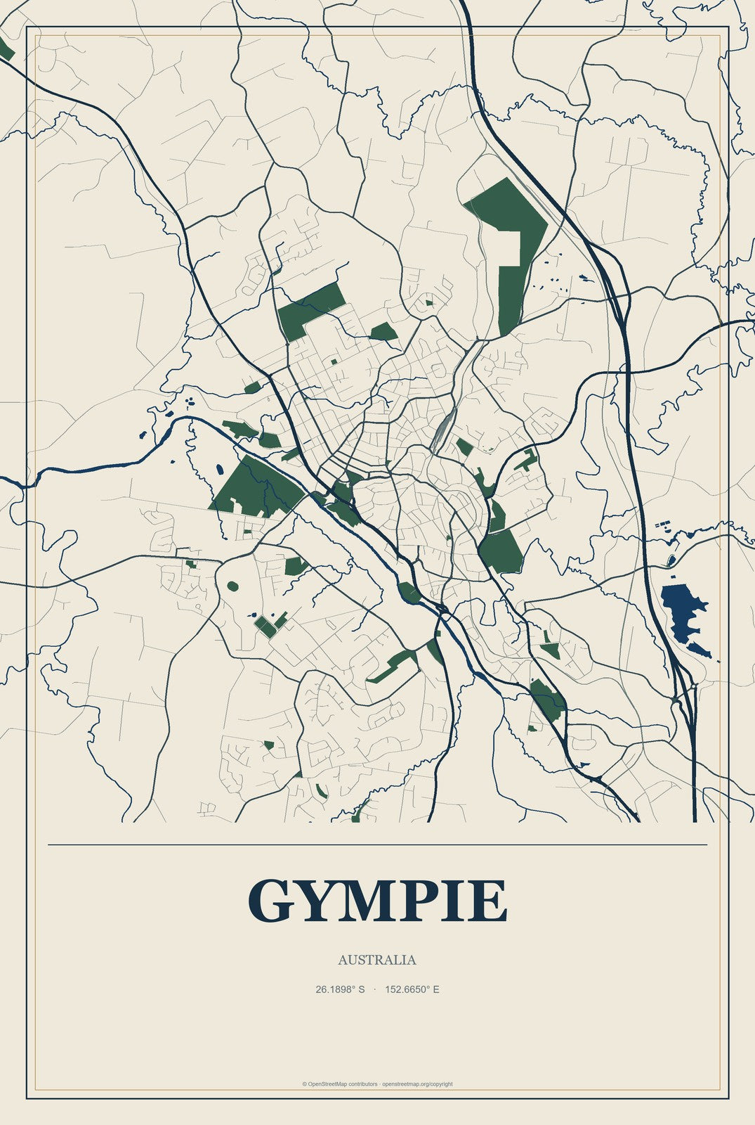 Gympie, Australia City Map Aluminum Sign in Coastal Cutout style