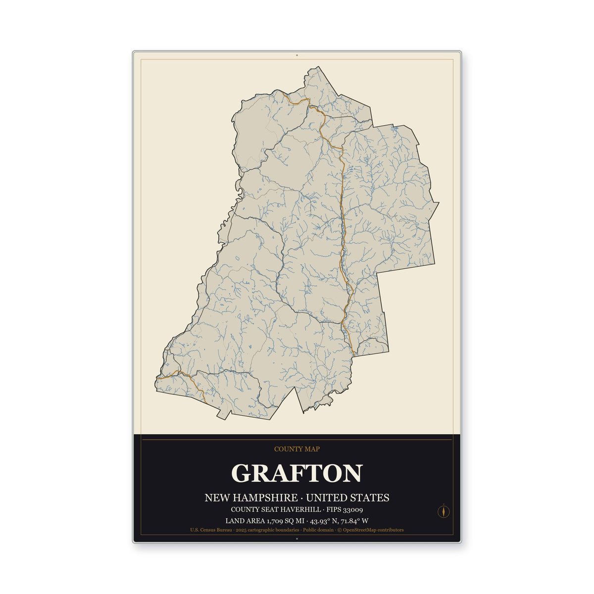Grafton County, New Hampshire Map Aluminum Sign in Museum Plaque style
