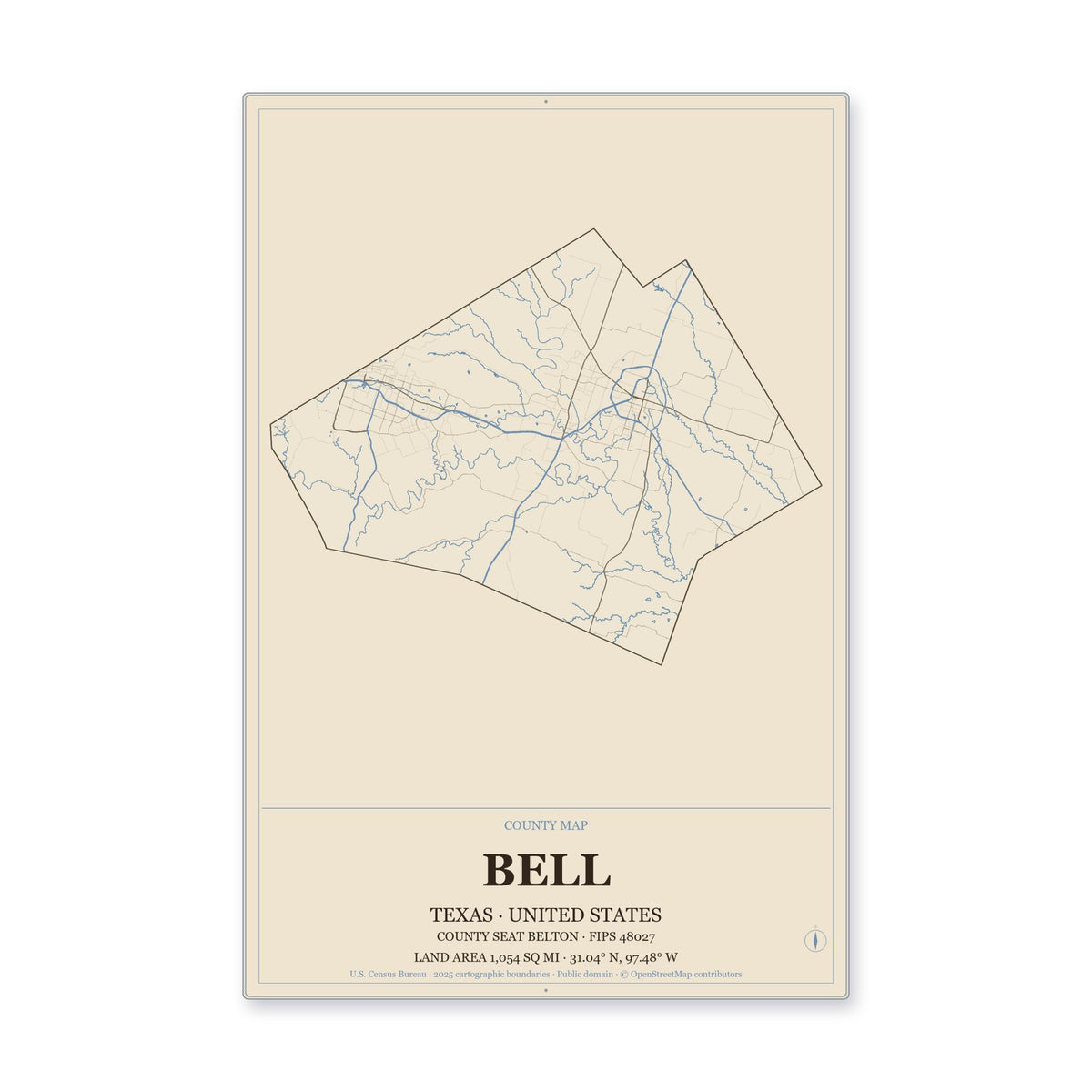 Bell County, Texas Map Aluminum Sign in Heritage Nautical style