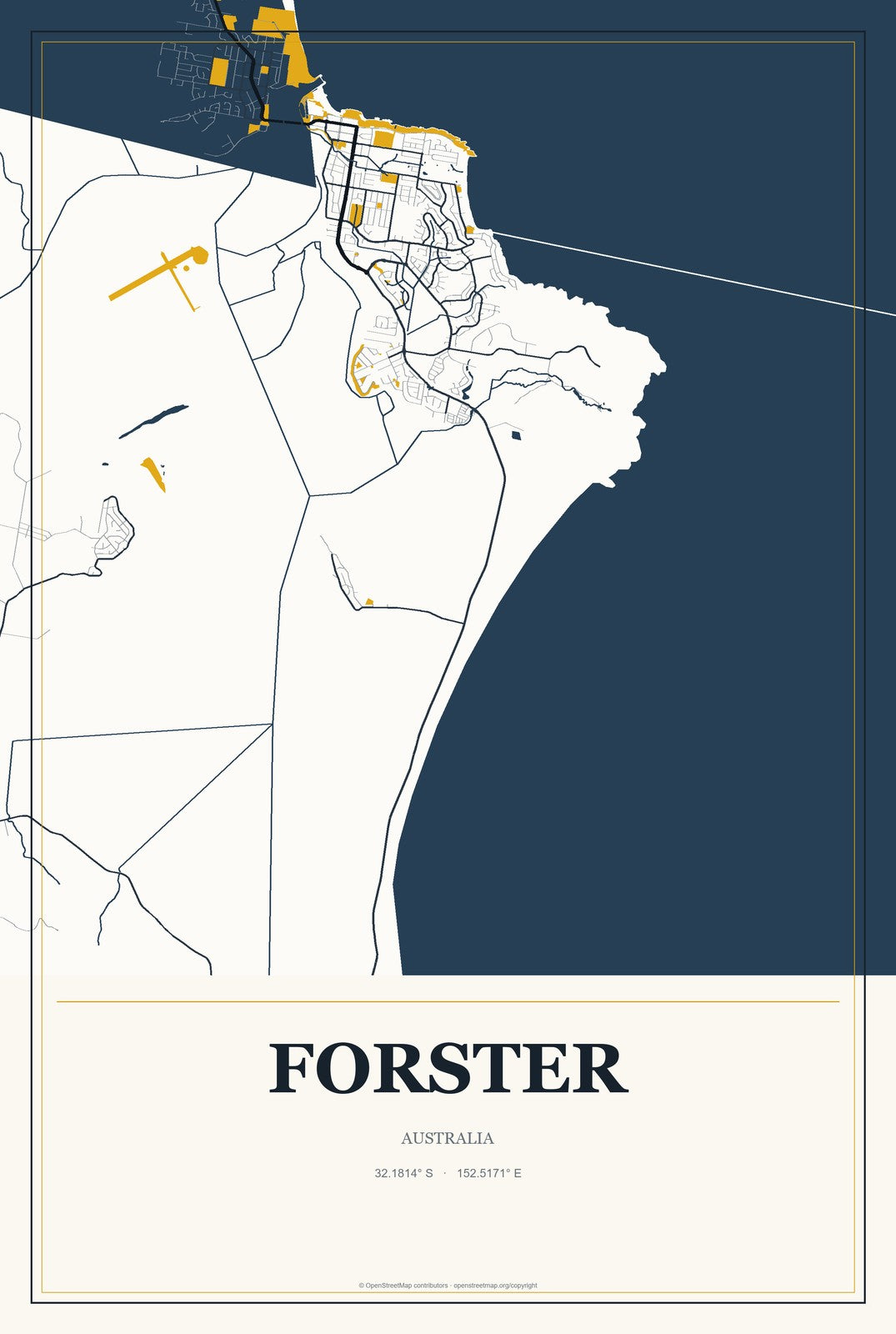 Forster, Australia City Map Aluminum Sign in Citrine Modern style