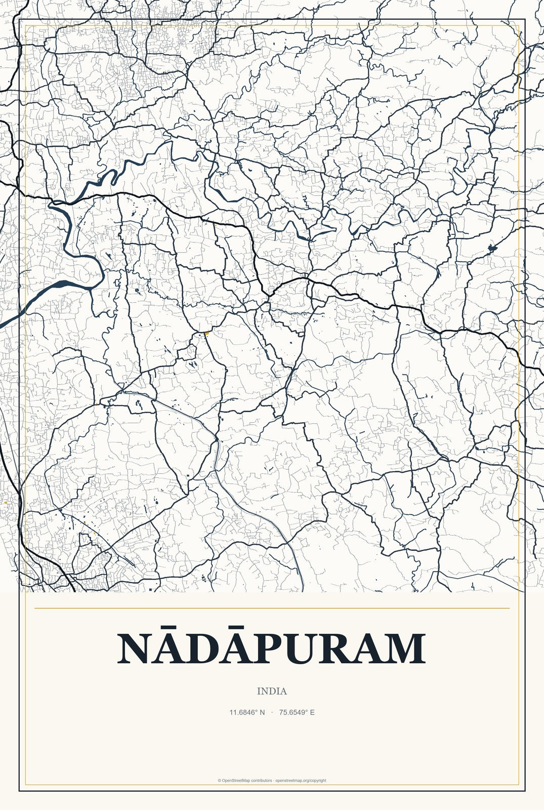 Nādāpuram, India City Map Aluminum Sign in Citrine Modern style