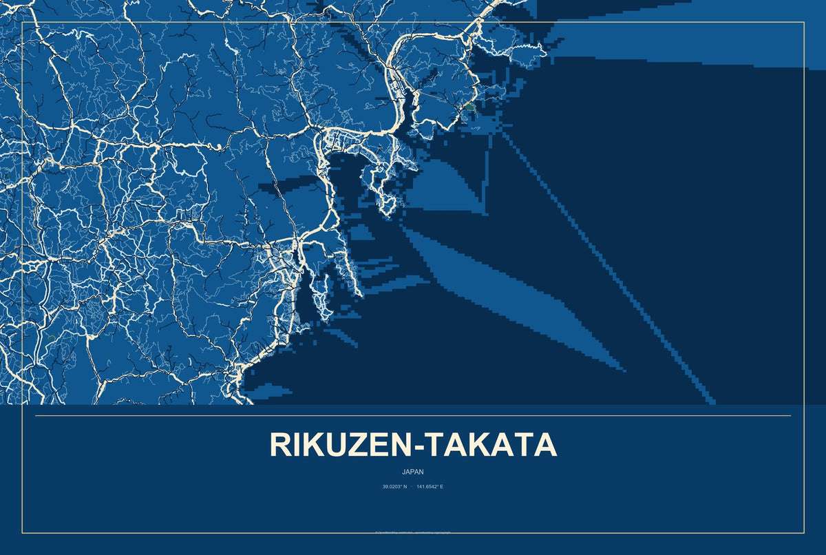 Rikuzen-Takata, Japan City Map Aluminum Sign in Harbor Cobalt style