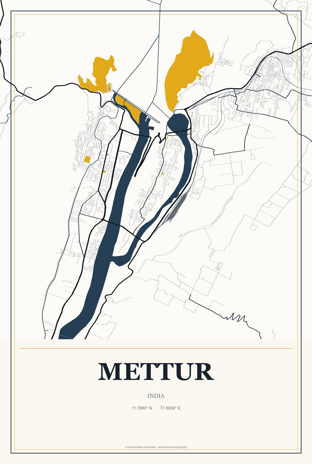 Mettur, India City Map Aluminum Sign in Citrine Modern style