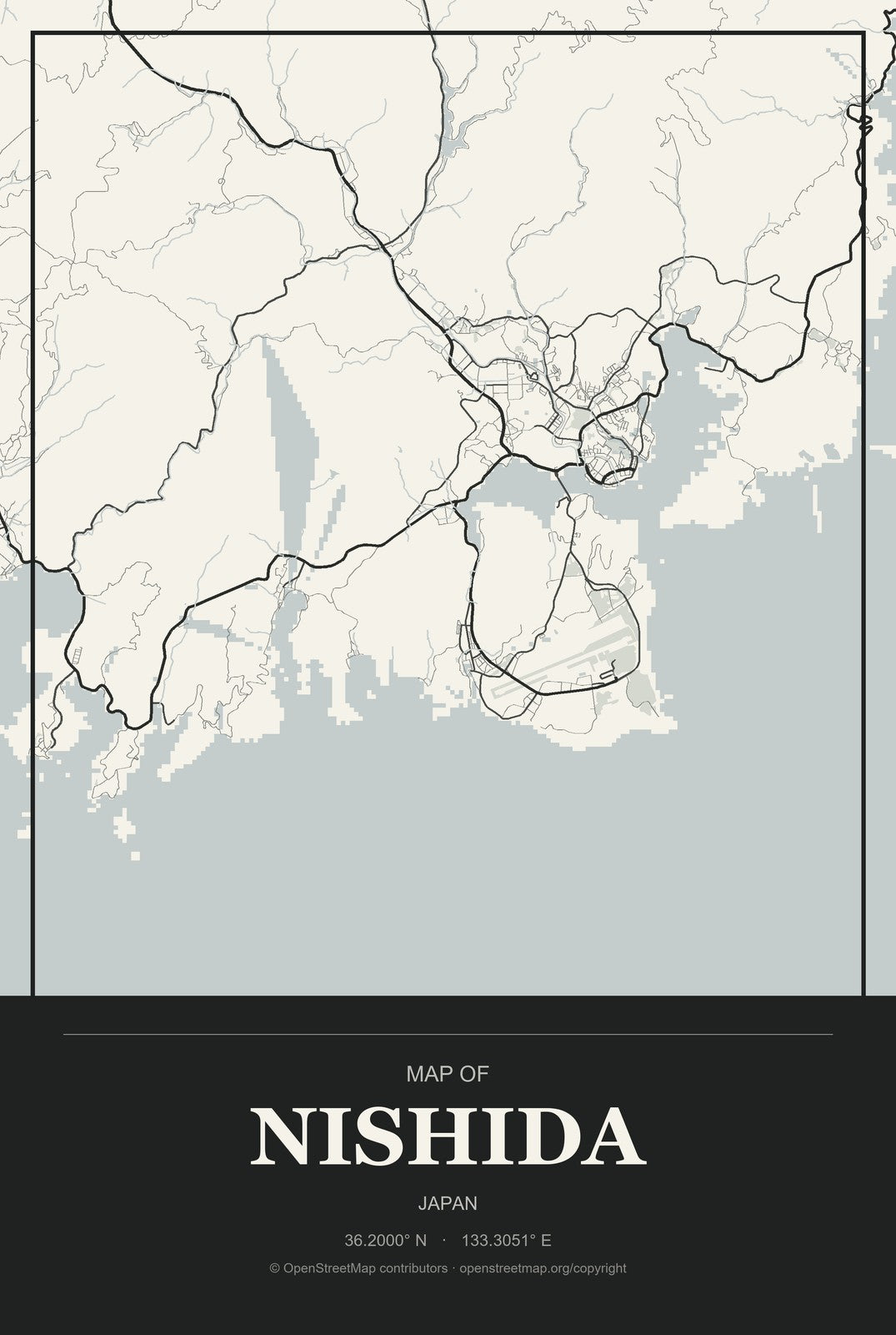 Nishida, Japan City Map Aluminum Sign in Museum Plaque style