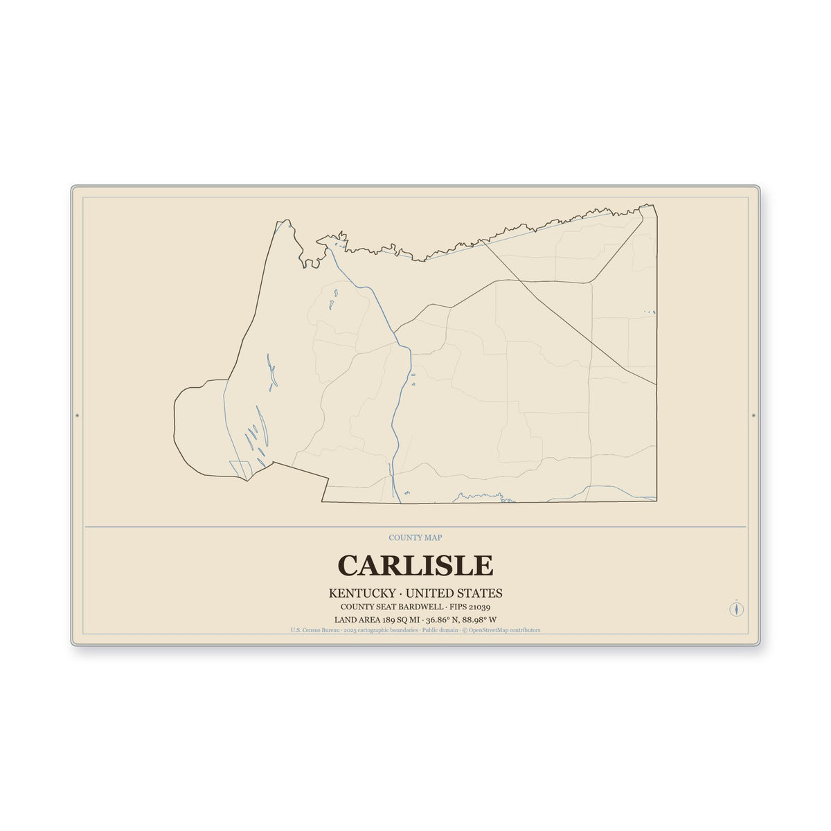Carlisle County, Kentucky Map Aluminum Sign in Heritage Nautical style