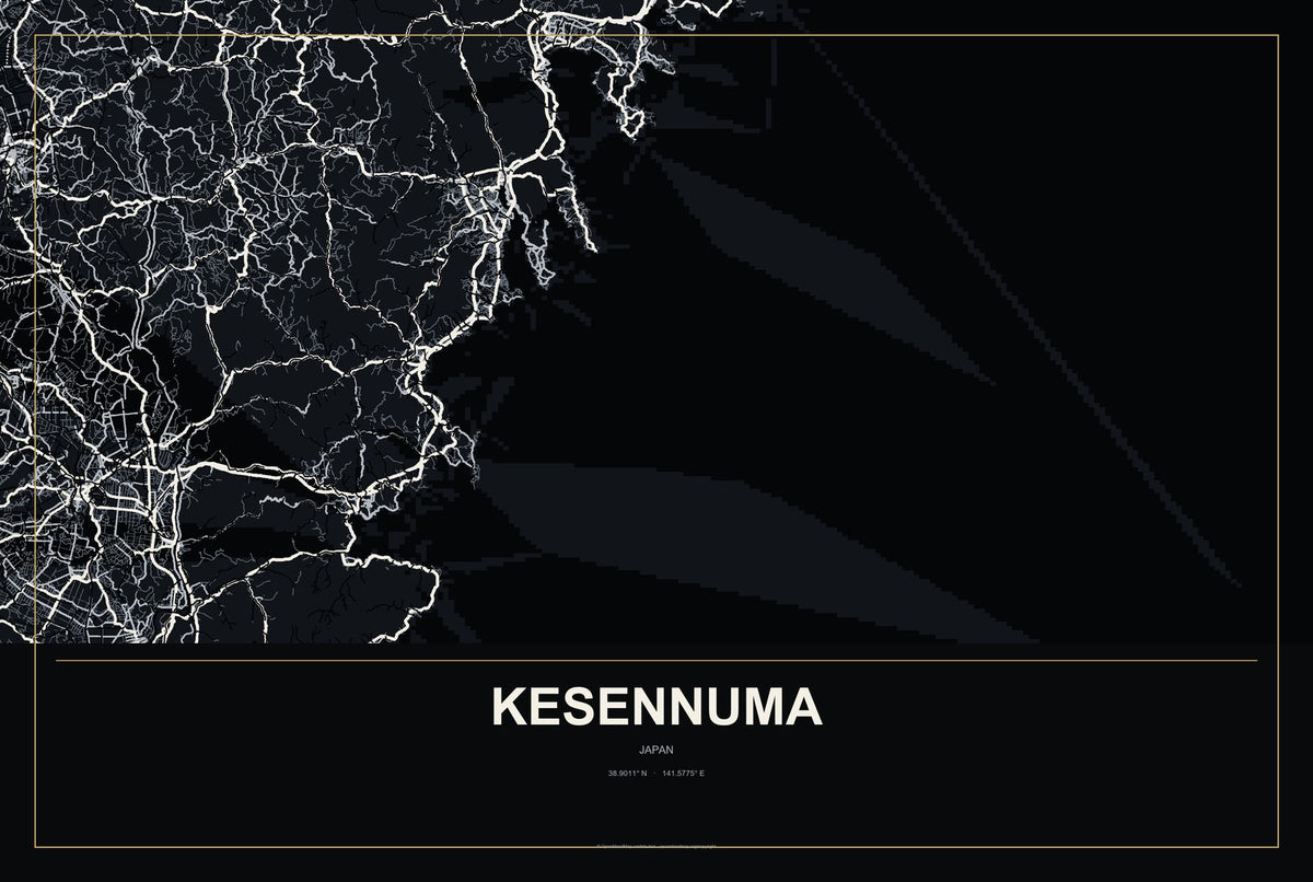 Kesennuma, Japan City Map Aluminum Sign in Metropolitan Noir style