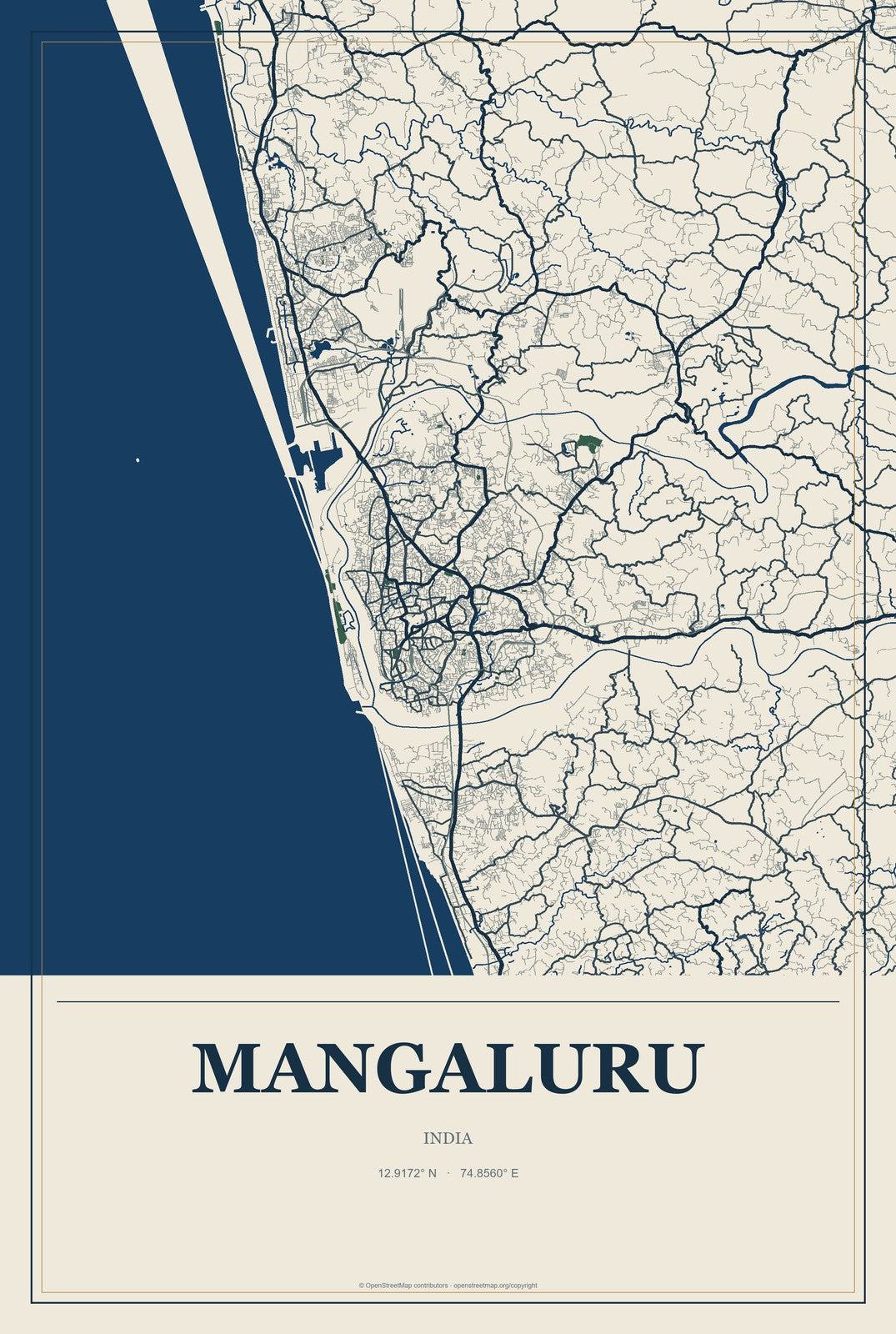 Mangaluru, India City Map Aluminum Sign in Coastal Cutout style