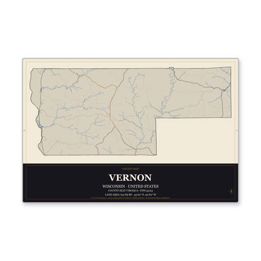 Vernon County, Wisconsin Map Aluminum Sign in Museum Plaque style