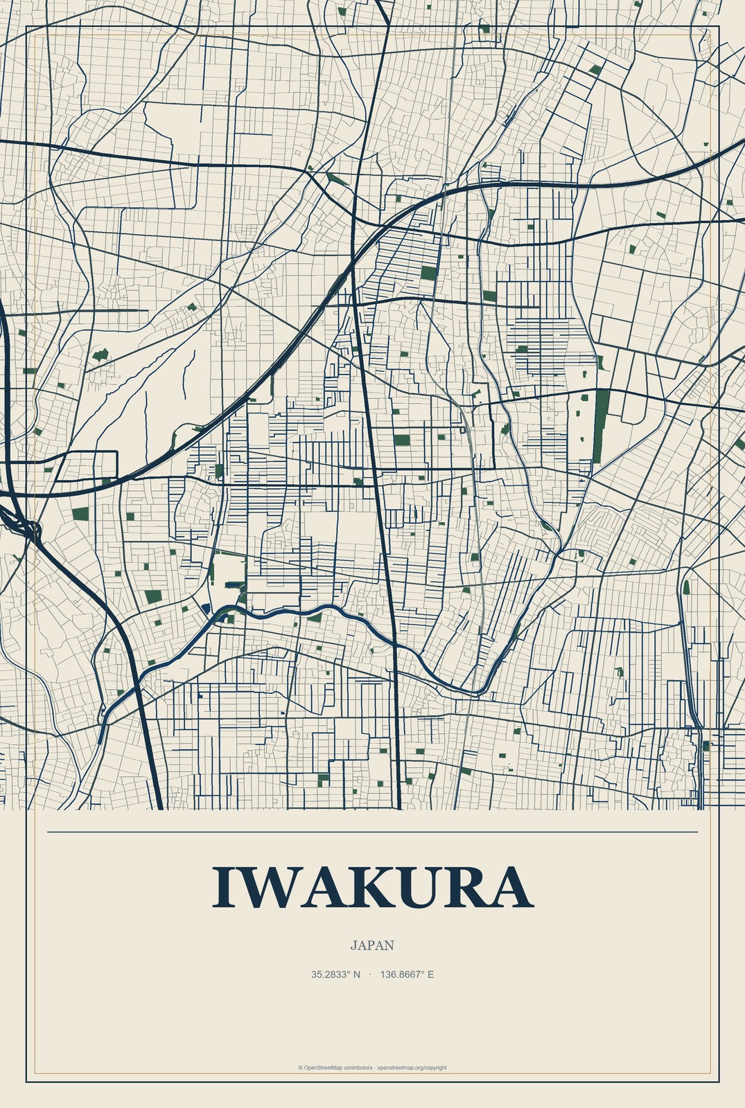 Iwakura, Japan City Map Aluminum Sign in Coastal Cutout style