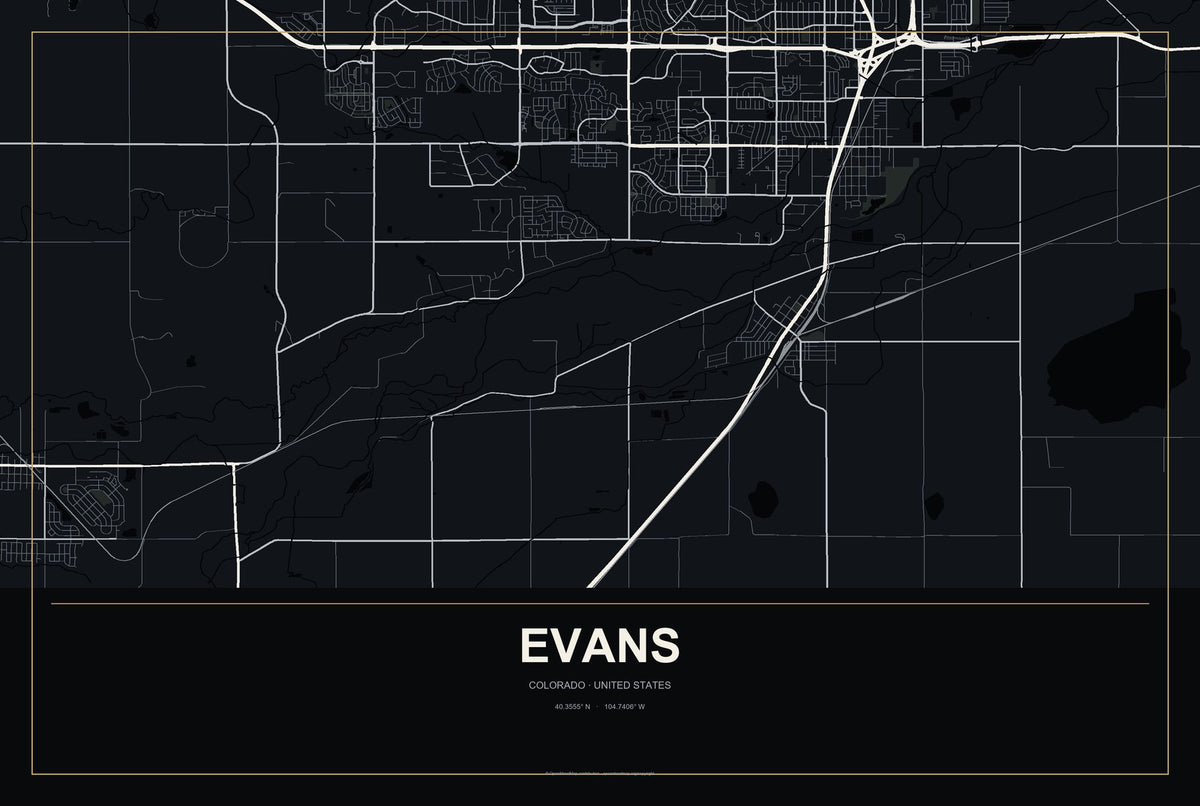 Evans, Colorado City Map Aluminum Sign in Metropolitan Noir style