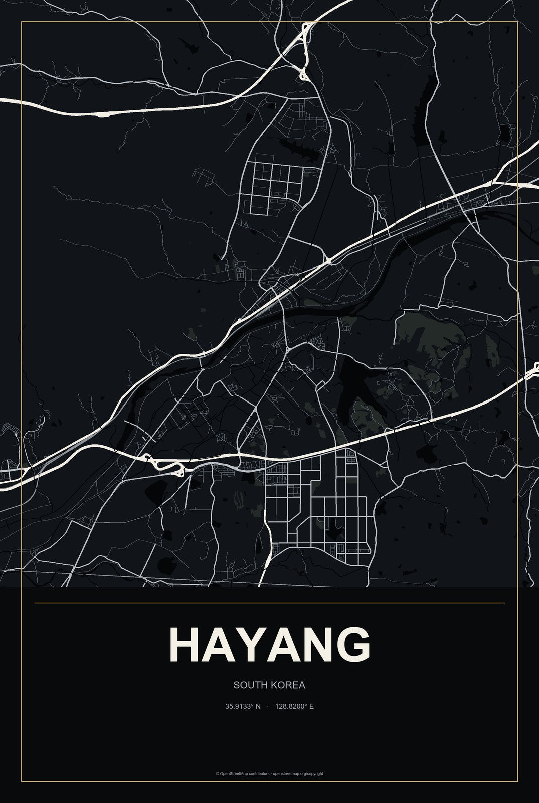 Hayang, South Korea City Map Aluminum Sign in Metropolitan Noir style