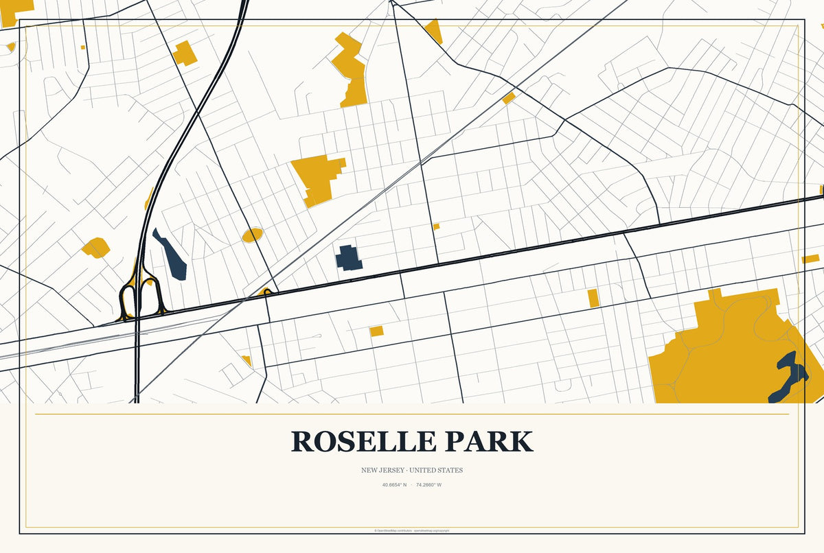 Roselle Park, New Jersey City Map Aluminum Sign in Citrine Modern style