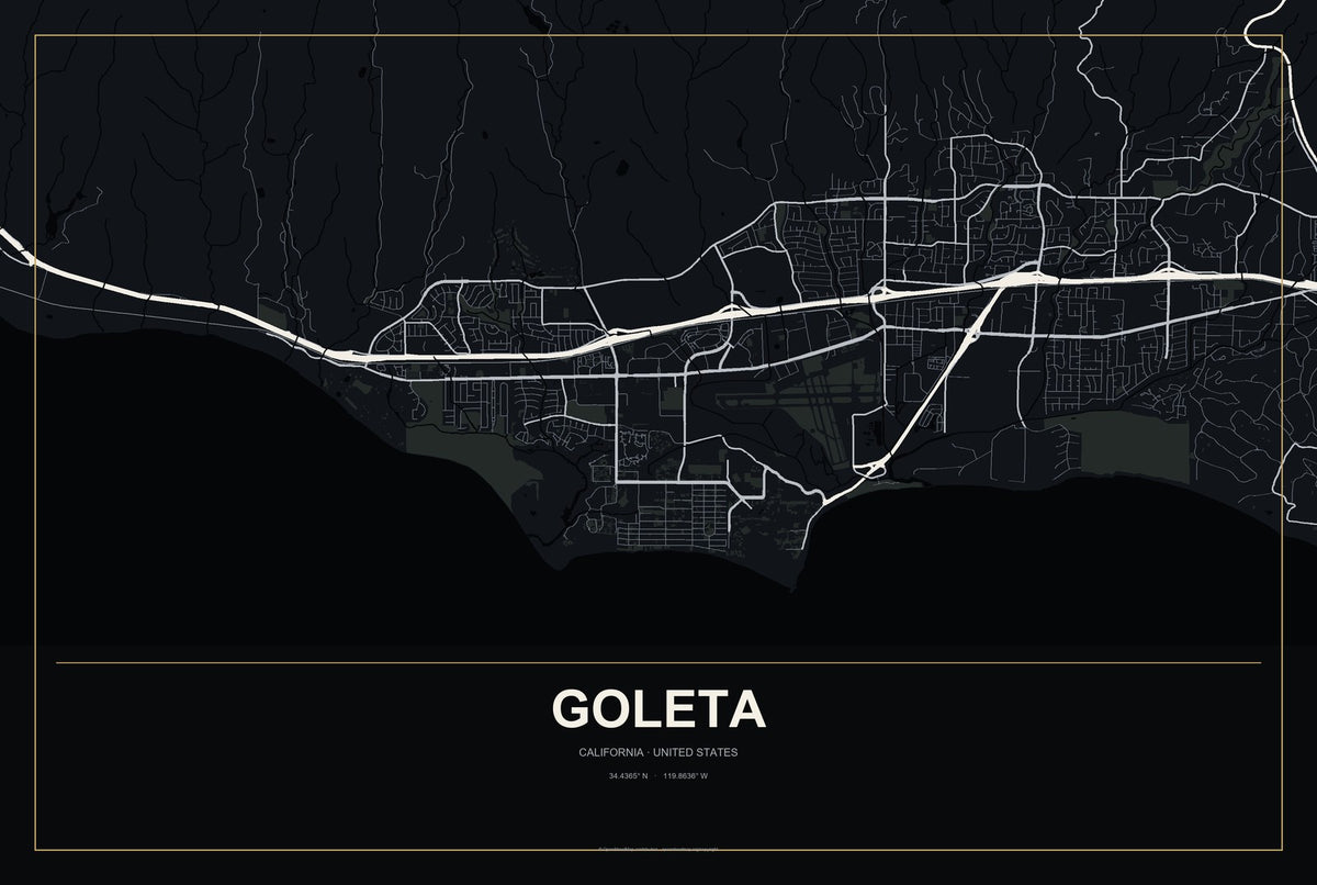 Goleta, California City Map Aluminum Sign in Metropolitan Noir style
