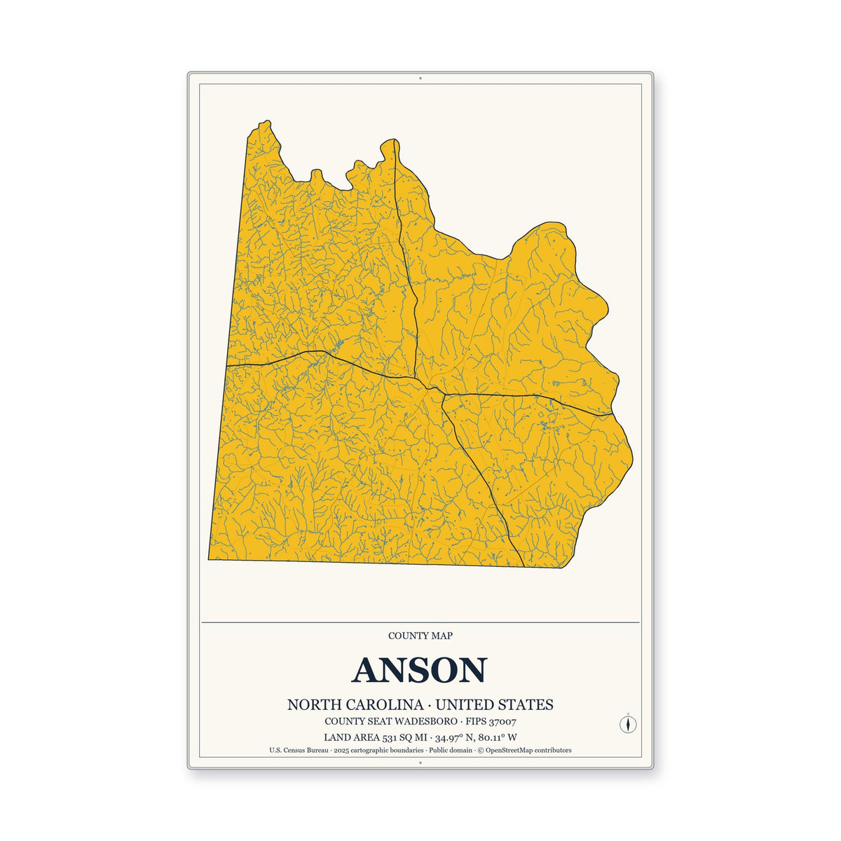 Anson County, North Carolina Map Aluminum Sign in Citrine Modern style