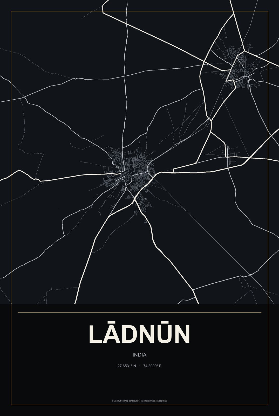 Lādnūn, India City Map Aluminum Sign in Metropolitan Noir style