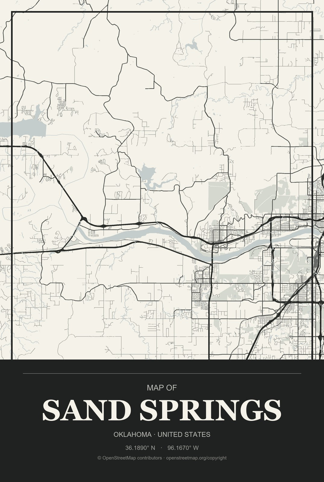 Sand Springs, Oklahoma City Map Aluminum Sign in Museum Plaque style