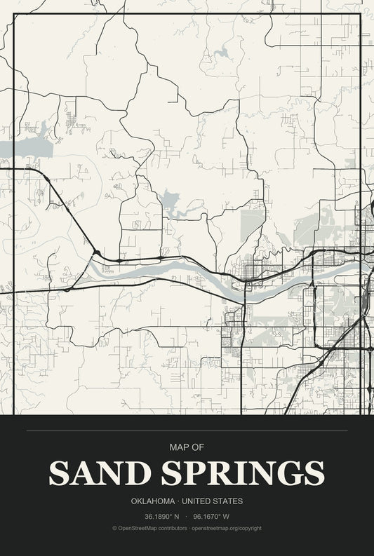 Sand Springs, Oklahoma City Map Aluminum Sign in Museum Plaque style