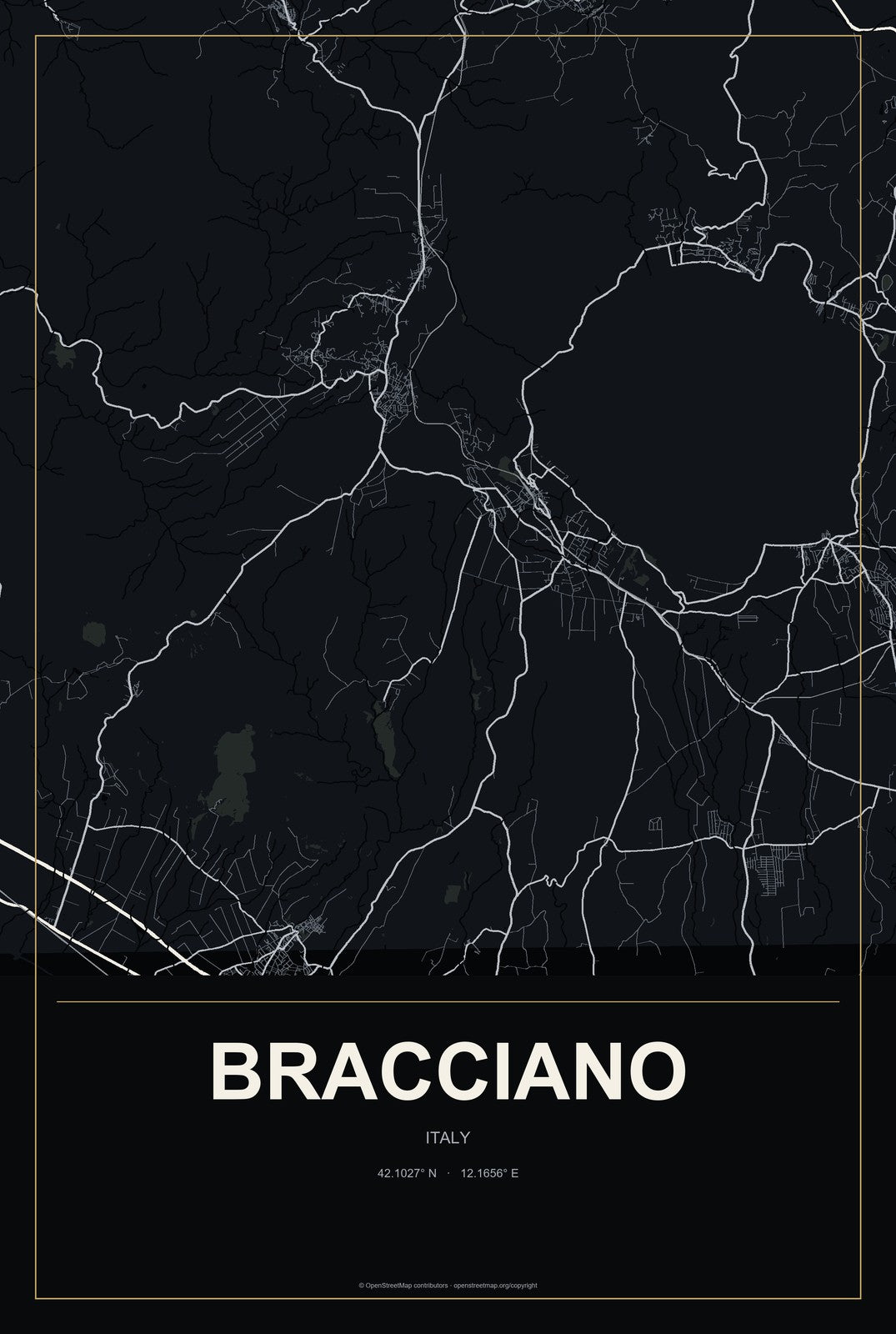 Bracciano, Italy City Map Aluminum Sign in Metropolitan Noir style