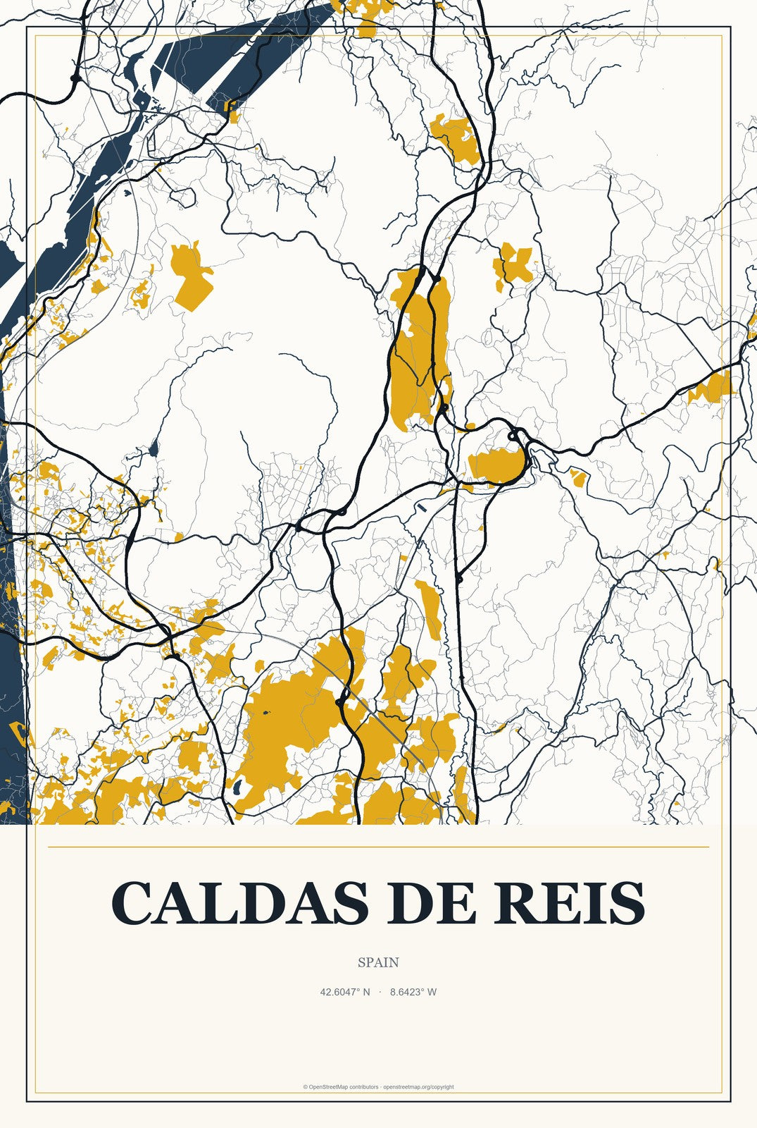 Caldas de Reis, Spain City Map Aluminum Sign in Citrine Modern style