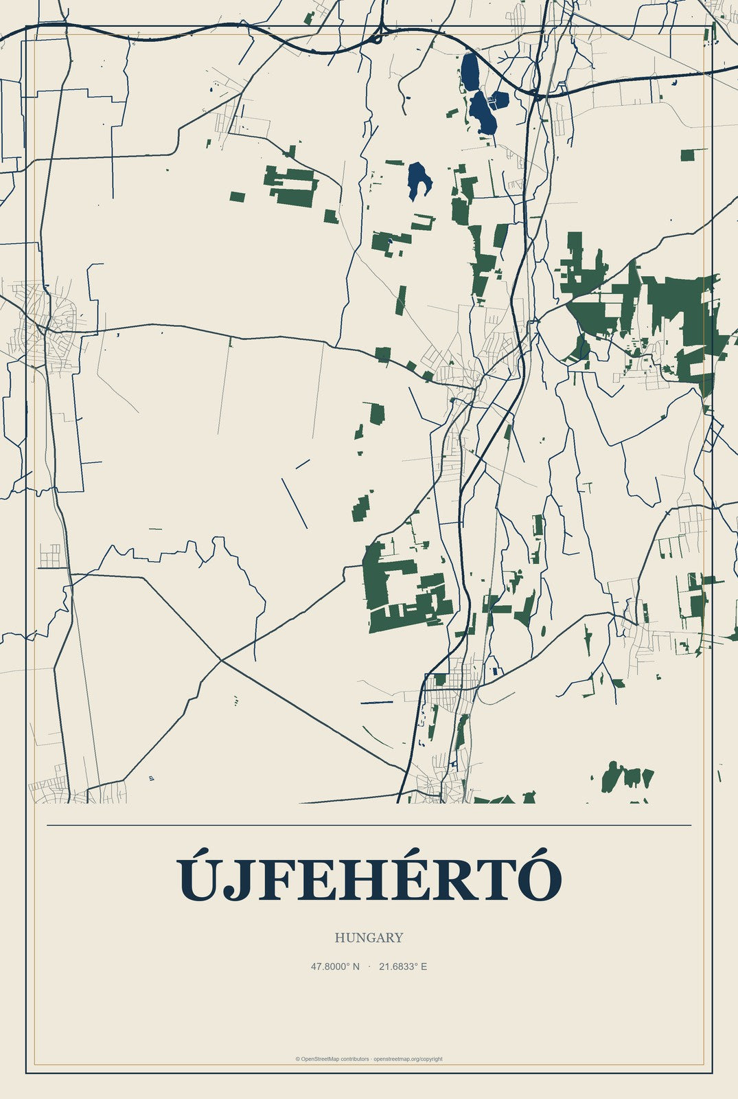 Újfehértó, Hungary City Map Aluminum Sign in Coastal Cutout style