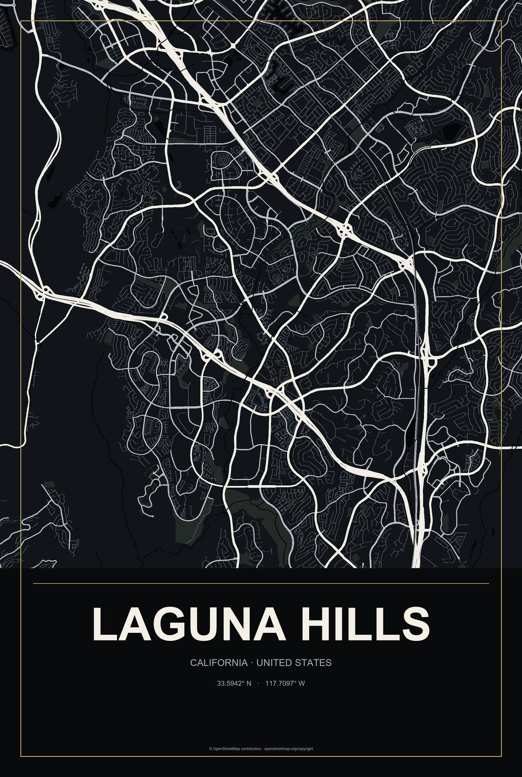 Laguna Hills, California City Map Aluminum Sign in Metropolitan Noir style