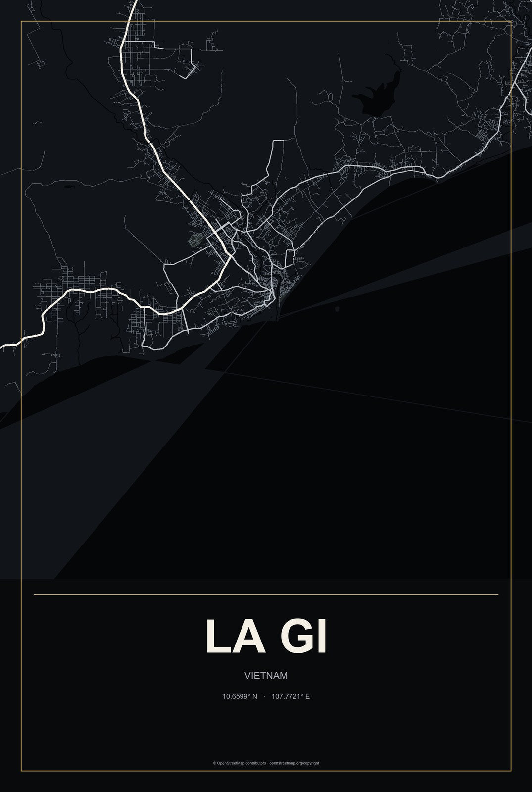 La Gi, Vietnam City Map Aluminum Sign in Metropolitan Noir style