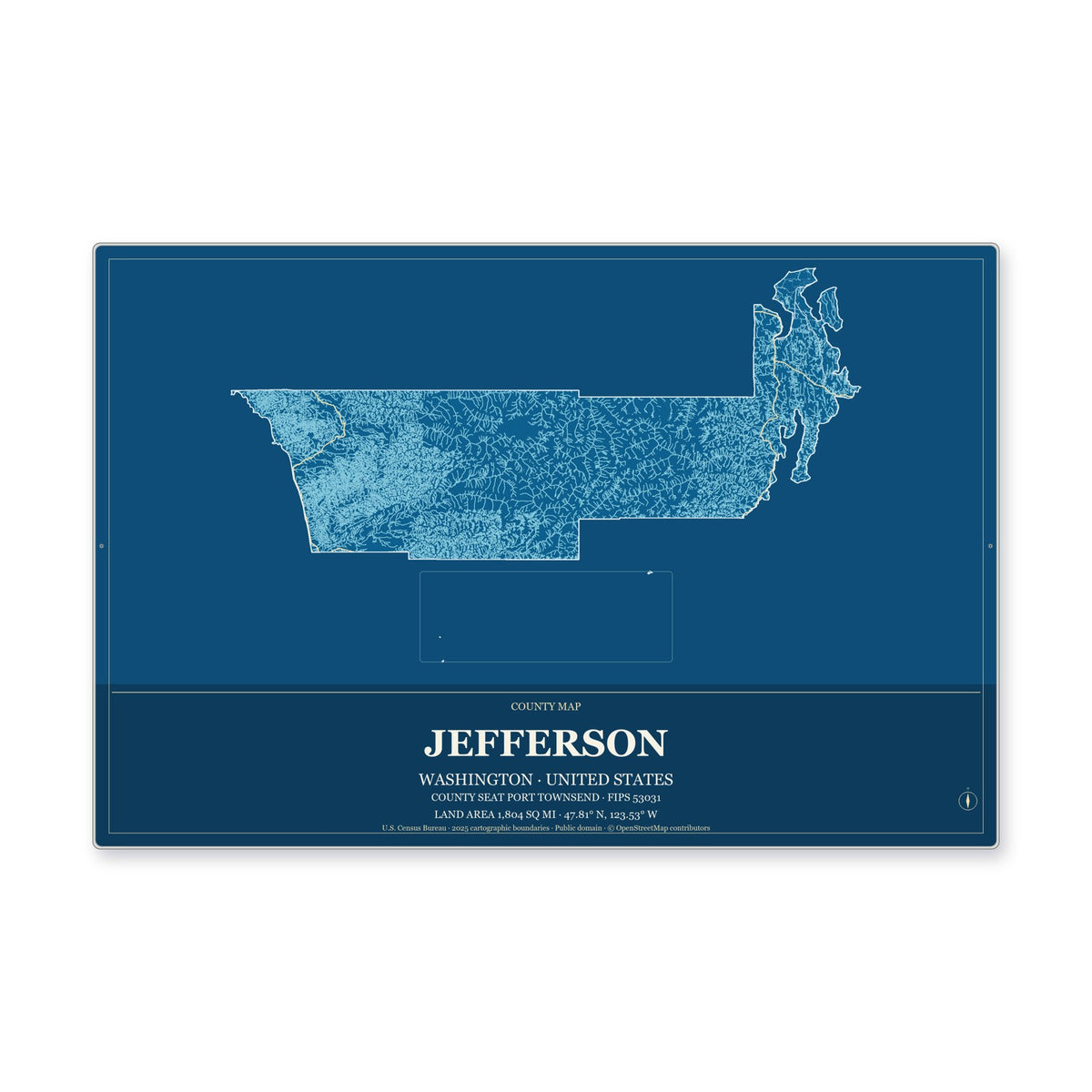 Jefferson County, Washington Map Aluminum Sign in Harbor Cobalt style