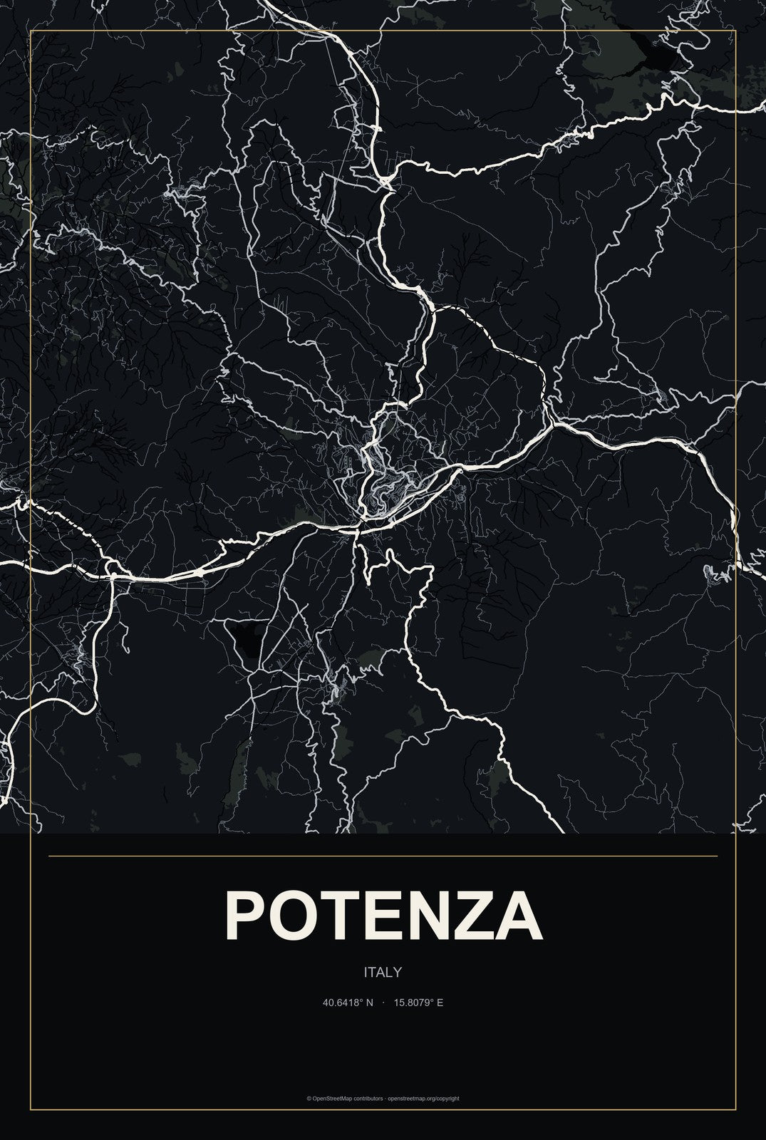 Potenza, Italy City Map Aluminum Sign in Metropolitan Noir style